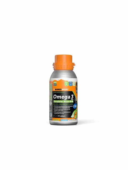 Omega 3 Double Plus Kapseln von Namedsport, 110 Stück, Nahaufnahme der Verpackung und Kapseln