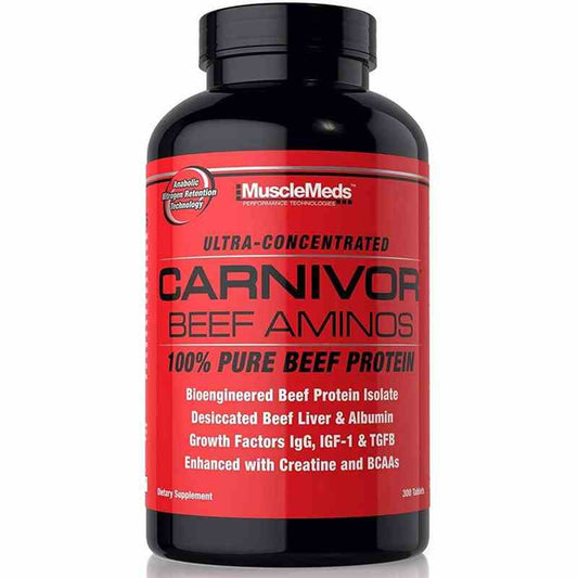 MuscleMeds Carnivor Rindfleisch Aminos in 300 Tabletten, Nahaufnahme der Verpackung und Tabletten.