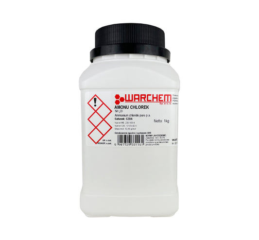 Ammoniumchlorid in 1kg Verpackung, chemisches Produkt von Biogo.de, zeigt die Verpackung und Etikett auf weißem Hintergrund.