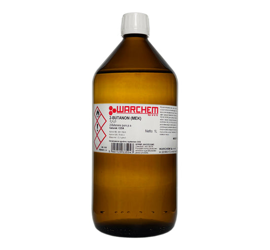 Reines 2-Butanon (MEK) 1L WARCHEM Flasche, klare Flüssigkeit, chemisches Lösungsmittel für Industrie und Labor.