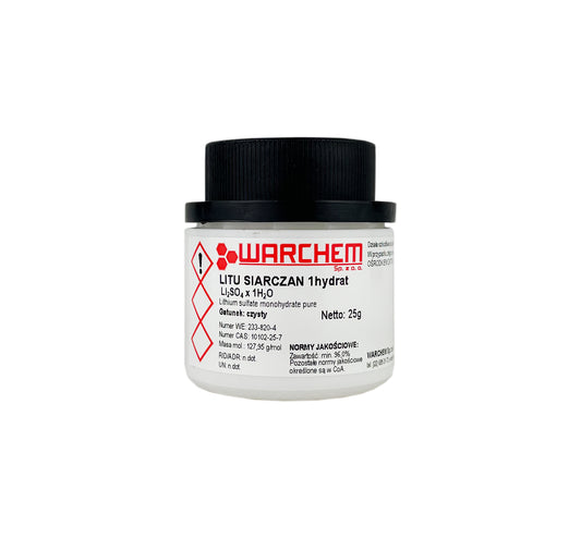 Reines Lithiumsulfat 1-Hydrat, 25g, WARCHEM, chemisches Reagenz mit weißem Pulver in Verpackung