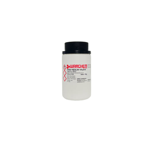 Reines Natriumcarbonat 10-Hydrat, 100 g, WARCHEM, chemisches Pulver in transparentem Behälter sichtbar