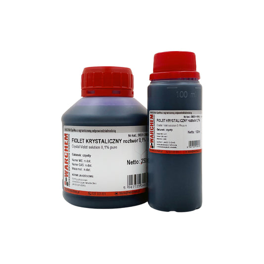 Kristallviolett Lösung 0,1 % in 100 ml Flasche von WARCHEM, klare chemische Flüssigkeit gegen Infektionen, sichtbare Flasche und Etikett