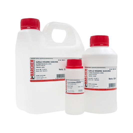 Natriumwasserglas von WarChem, 100 ml, klare Glasflasche mit weißem Schraubverschluss, transparente Flüssigkeit innen sichtbar
