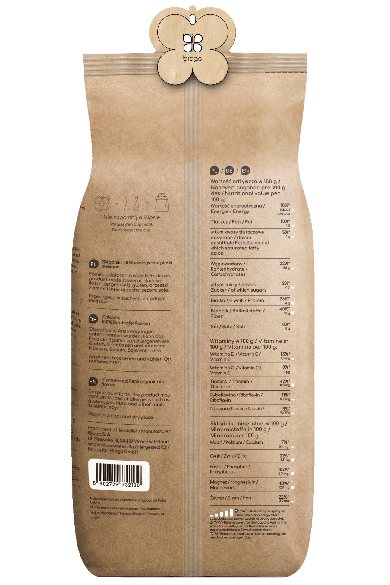 Ovesné vločky bio 600 g BIOGO Doplňkový obrázek produktu