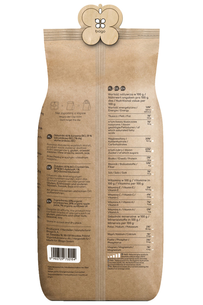 Arándanos rojos endulzados con jugo de manzana orgánico 1 kg BIOGO Main Image