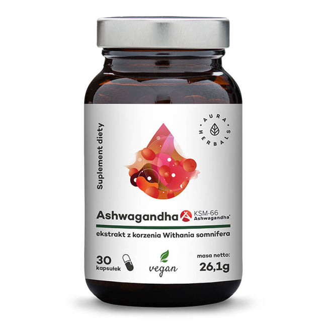 Ashwagandha KSM - 66 Withania Somnifera Wurzelextrakt Ginseng - Indischer Ginseng 30 Kapseln 261 g AURA HERBALS Hover Image