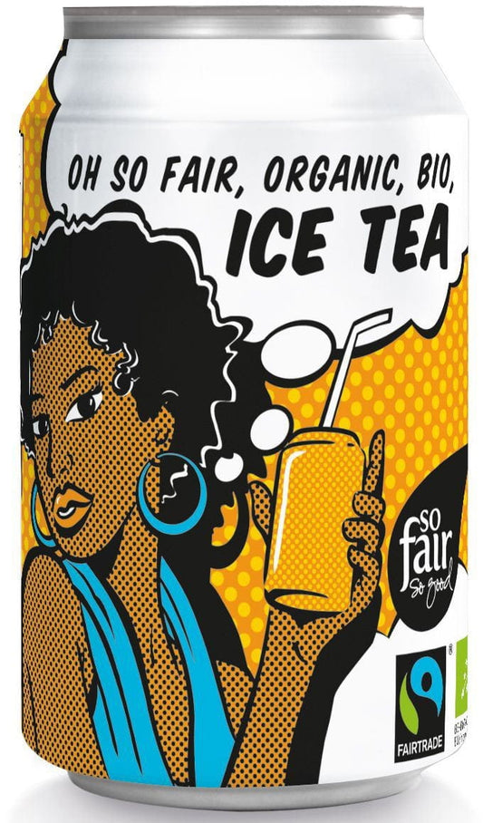 Bio Fair Trade Eistee von OXFAM in 330 ml Dose, erfrischendes kaltes Getränk mit Fairtrade-Siegel, sichtbare Dose und Label.