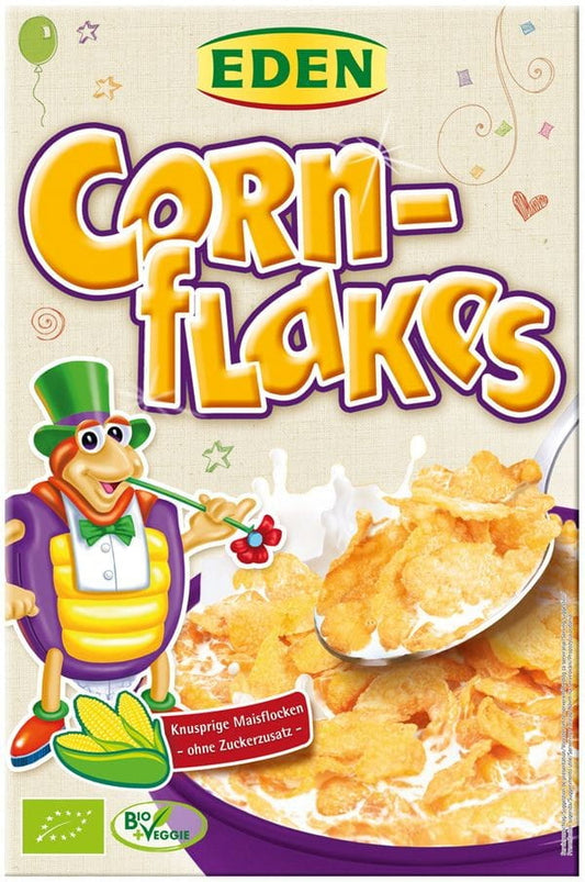Bio Cornflakes von EDEN in 375 g Packung, knusprig und goldbraun, mit getrockneten Früchten und Haferflocken.