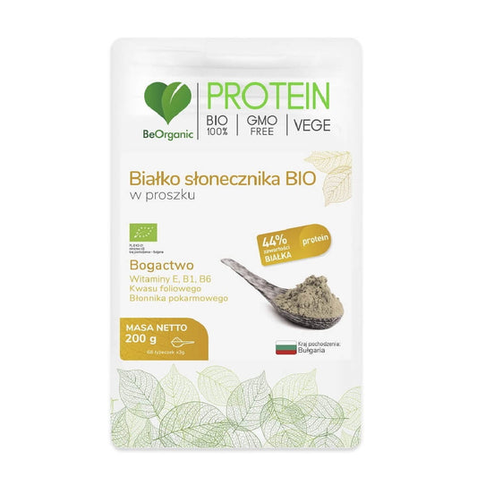 BIO Sonnenblumenproteinpulver von ALINESS, beorganic MEDICALINE, 200g Packung, zeigt die Sonnenblumenproteinquelle in einer offenen Verpackung