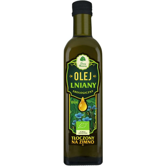 Bio kaltgepresstes natives Leinöl von DARY NATURY in 100 ml Flasche, unraffiniert und dunkelgrün, flüssig auf weißem Hintergrund