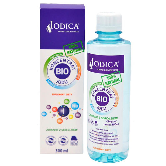 Natürliches flüssiges Jodkonzentrat von SOLCA in 300ml Flasche, zeigt die klare Flüssigkeit in einer Glasflasche.