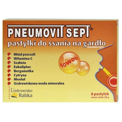 Pneumovit Septum-Lutschtabletten von GORVITA, 28g, in einer offenen Verpackung, mit Tabletten zum Lutschen auf weißem Hintergrund