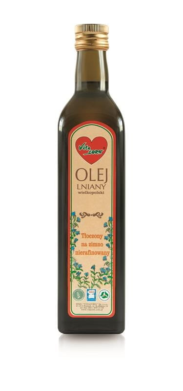 Großpolen Leinöl von VITACORN, 500 ml Flasche mit dunklem Glas, kaltgepresst und naturbelassen, auf weißem Hintergrund.