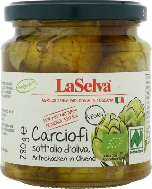 Bio-Artischocken in Olivenöl von LASELVA, 280 g, in einer offenen Dose, mit grünen Artischockenstücken und Olivenöl.