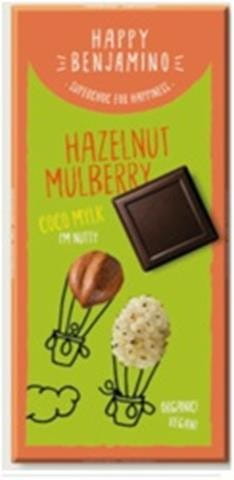 Vegane, glutenfreie Schokolade von BIOBENJAMIN mit Haselnüssen und Maulbeeren, 70 g, bio-zertifiziert, detailliertes Produktbild
