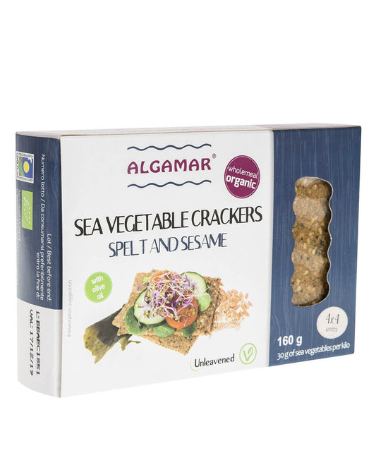 Dinkelcracker mit Sesam und Algen BIO von ALGAMAR, 160 g, knusprige Bio-Kräcker mit Sesam und Meeresalgen.