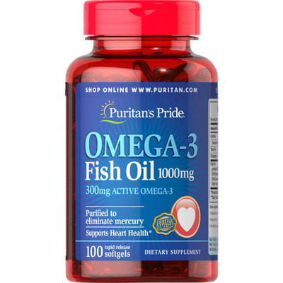 Fischöl Omega-3 1000mg in 100 Kapseln, Puritan's Pride, Flasche mit Kapseln, gesundheitsfördernd, omega-3 Fettsäuren