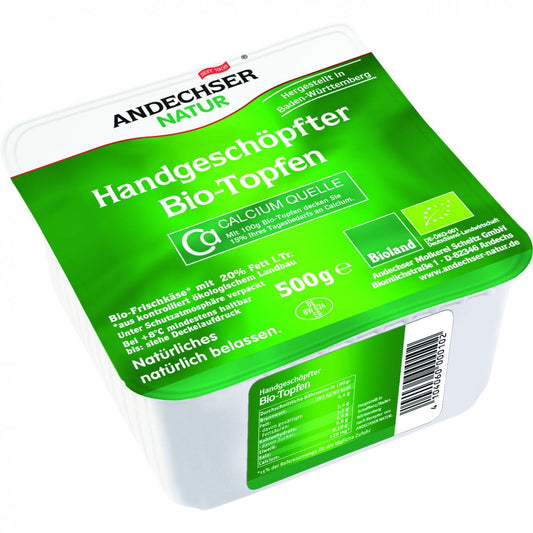 Handgemachter Bio-Hüttenkäse von ANDECHSER NATUR, 20%, 500 g, cremige Textur, frisches Molkerei-Produkt in Verpackung