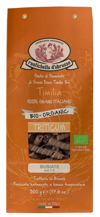 BIO-Twist-Nudeln aus Grieß von Rustichella D'Abruzzo, 500 g, ungekochte, gedrehte Pasta in einer offenen Packung.