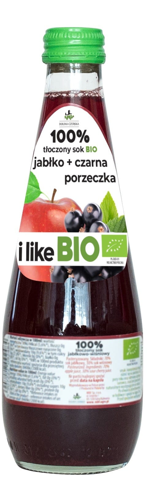 Bio Apfelsaft mit schwarzer Johannisbeere von Dolina Czerska, 300 ml Flasche, frisch und naturbelassen