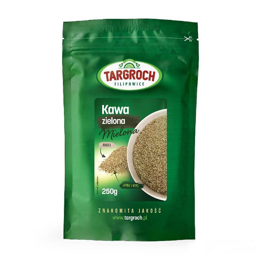 Gemahlener Rohkaffee von TARGROCH in 250g Packung, frisch gemahlen, zeigt Kaffee in einem Beutel mit braunen Kaffeebohnen.