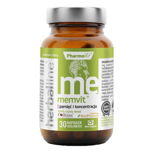 Memvit Gedächtnis und Konzentration mit Zusatz von Bioperin und wasserfreiem Koffein 30 Kapseln vcaps PHARMOVIT HERBALLINE