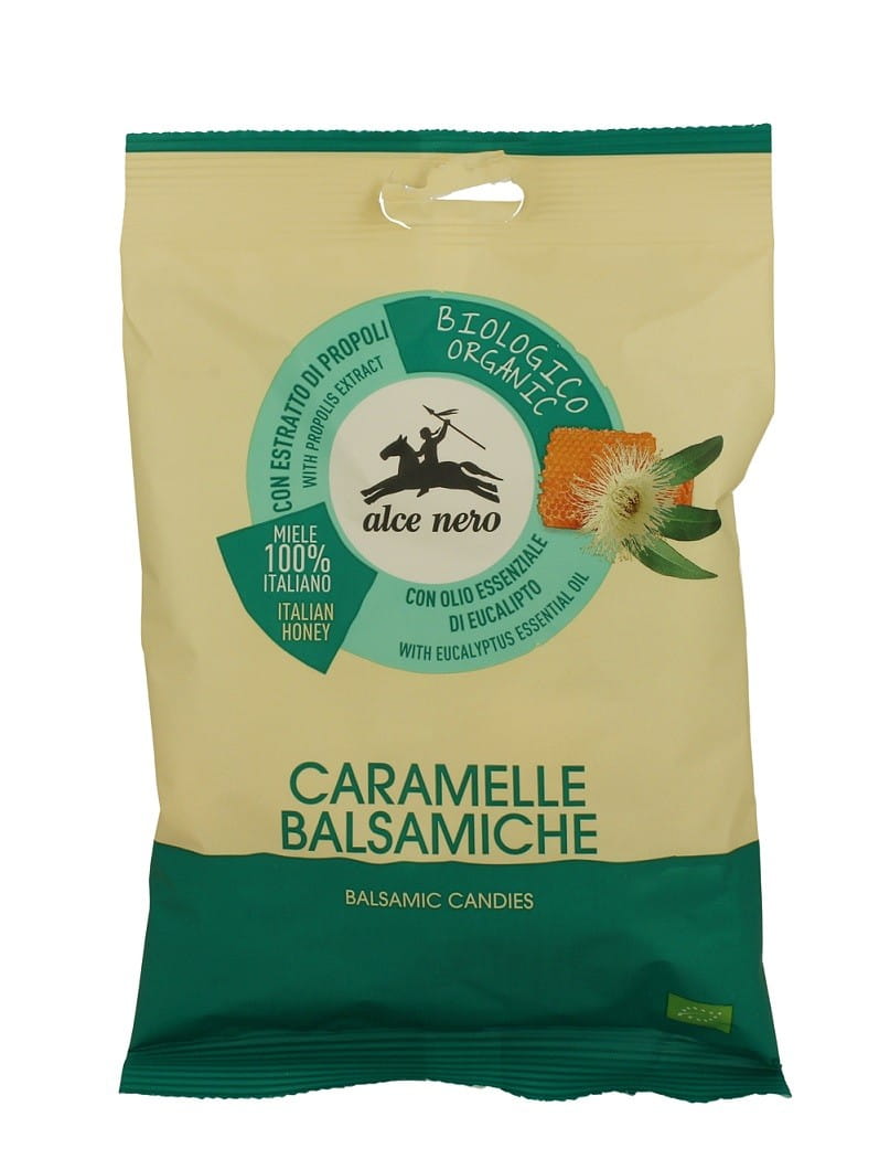 Traditionelle Balsamico-Bonbons BIO von ALCE NERO in 100 g Verpackung, dunkle Bonbons mit Balsamico-Geschmack.