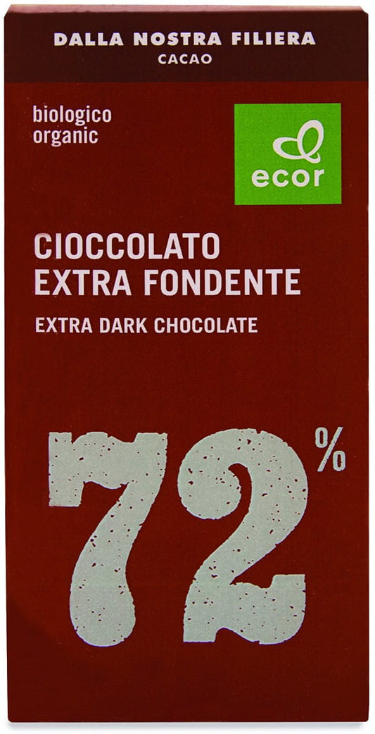 Dunkle Bio-Schokolade mit mindestens 72 % Kakao von ECOR, 80 g, mit dunkler Schokoladentafel und Verpackung.