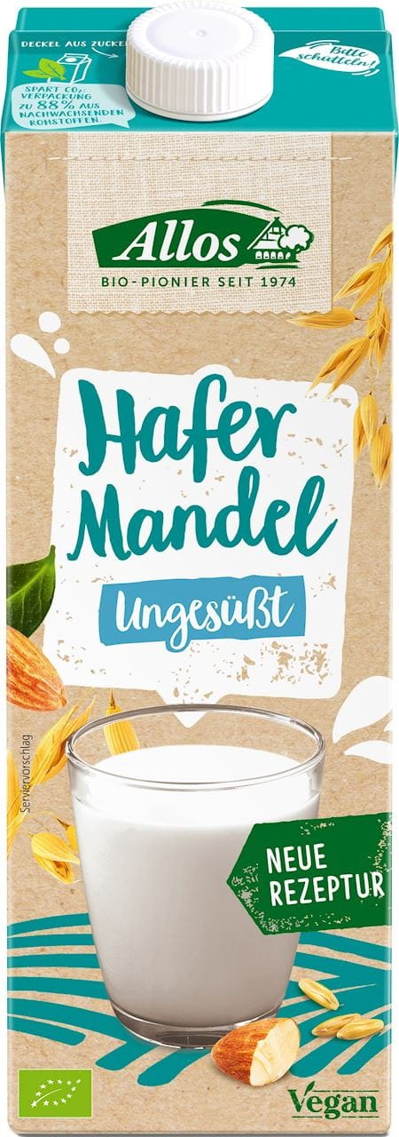 Bio Haferdrink Mandel von ALLOS in 1000 ml Flasche, zeigt die Verpackung mit Mandel- und Haferbestandteilen.