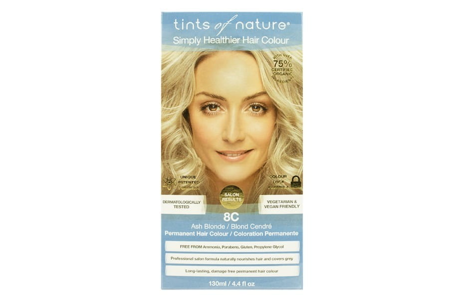 Haarfarbe TINTS OF NATURE 8c Aschblond Naturhaarfarbe, cremige Textur, zeigt das aschblonde Ergebnis in der Verpackung