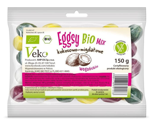 Bunte glutenfreie Kokos- und Mandeleier von EKOFLORKA, BIO, 150 g, mit bunten Schokoladenüberzügen, auf weißem Hintergrund