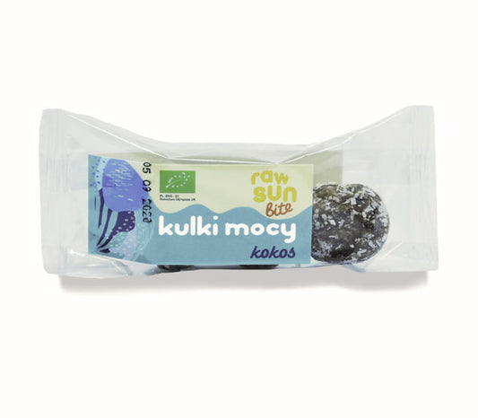 BIO-Kokos-Powerballs von RAW SUN BITE, rohe Kokosnuss-Snacks in 39 g Packung, mit natürlichem Kokosgeschmack und gesunder Energie.