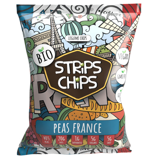 Grüne Bio-Erbsen-Snack von STRIPS CHIPS, glutenfrei, französisch, 90 g, Streifen Chips auf weißem Hintergrund