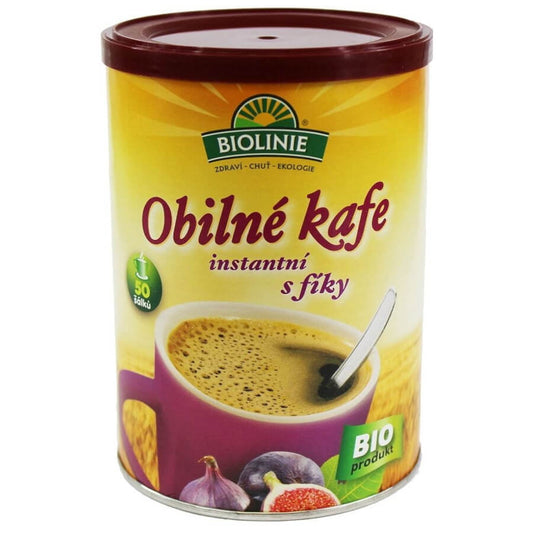Bio Instant-Getreidekaffee mit Feigen, 100 g, BIO LINES, zeigt die Packung mit Kaffee und getrockneten Feigen.