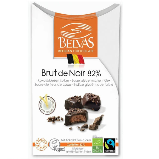 Belgische Pralinen mit 82% Zartbitterschokolade, glutenfrei, fair gehandelt und bio, BELVAS, 100 g, dekorativ präsentiert