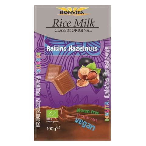 Laktosefreie Schokolade mit Rosinen und Nüssen, glutenfrei (mit Reisdrink) BIO 100 g - BONVITA