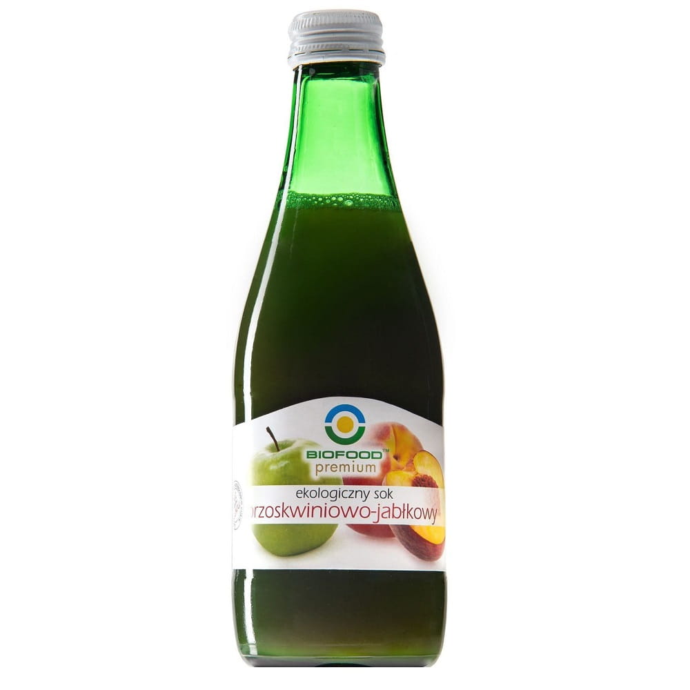 Bio Pfirsich- und Apfelsaft von BIO FOOD in 300 ml Flasche, frisches Obstsaft-Getränk mit natürlichen Früchten.