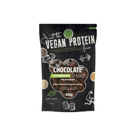 Protein-Shake mit 63% Proteinen und Bio-Schokolade von NUTRISLIM, 450 g, cremige Konsistenz in einem Glas.