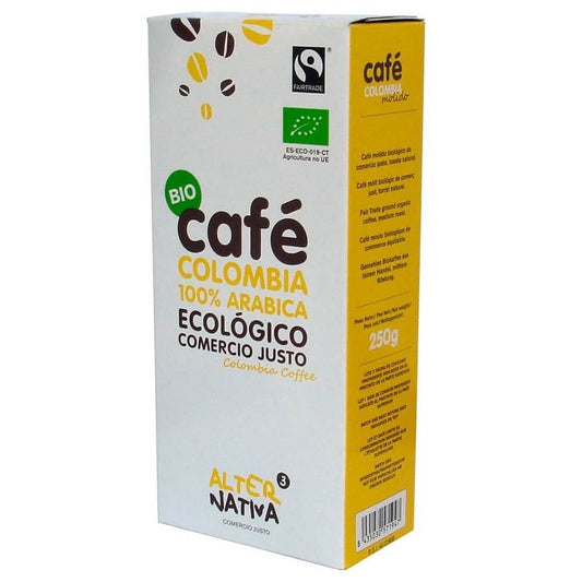 Gemahlener Arabica Kaffee aus Kolumbien, fair gehandelt und bio, in 250 g Verpackung, von ALTERNATIVA