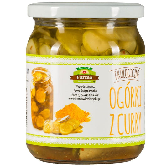 Bio-Gurken mit Curry von FARMA ŚWIĘTOKRZYSKA, 320 g, frisch und aromatisch in einer Glasdose.