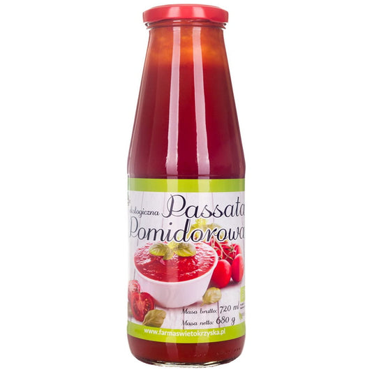 Bio Tomatenpassata von FARMA ŚWIĘTOKRZYSKA, 680 g, frisch und saftig, ideal für Saucen und Gerichte, in einer Glasflasche.
