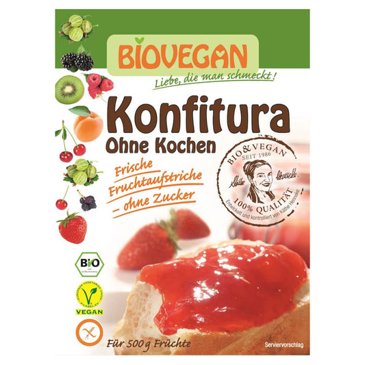 Gläser mit glutenfreiem, veganem BIO VEGAN Geliermittel für Konserven, 18 g, ohne Kochen, auf weißem Hintergrund.