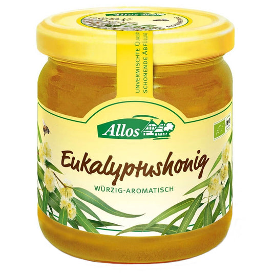 Eukalyptusnektarhonig BIO von ALLOS, 500 g, flüssiger Honig mit Eukalyptusaroma, im Glasbehälter sichtbar