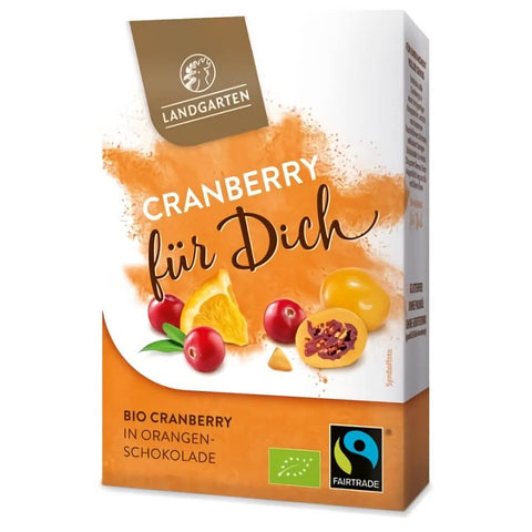 Getrocknete und gesüßte Cranberries in weißer Schokolade mit Orangengeschmack glutenfrei BIO 90 g - LANDGARTEN