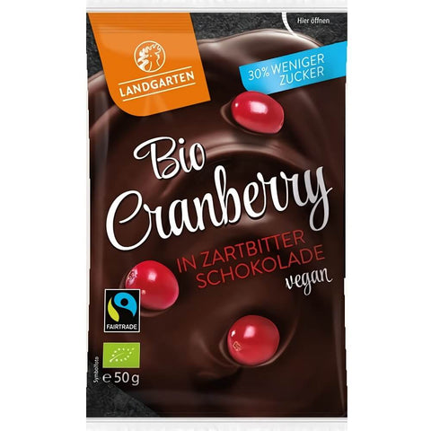 Getrocknete und gesüßte Cranberries in Zartbitterschokolade glutenfrei BIO 50 g - LANDGARTEN