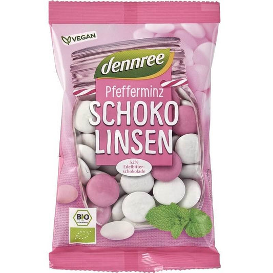 Dunkle Schokoladen-Minz-Dragees BIO von DENNREE, 100 g, mit dunkler Schokolade und Minzgeschmack, auf weißem Hintergrund