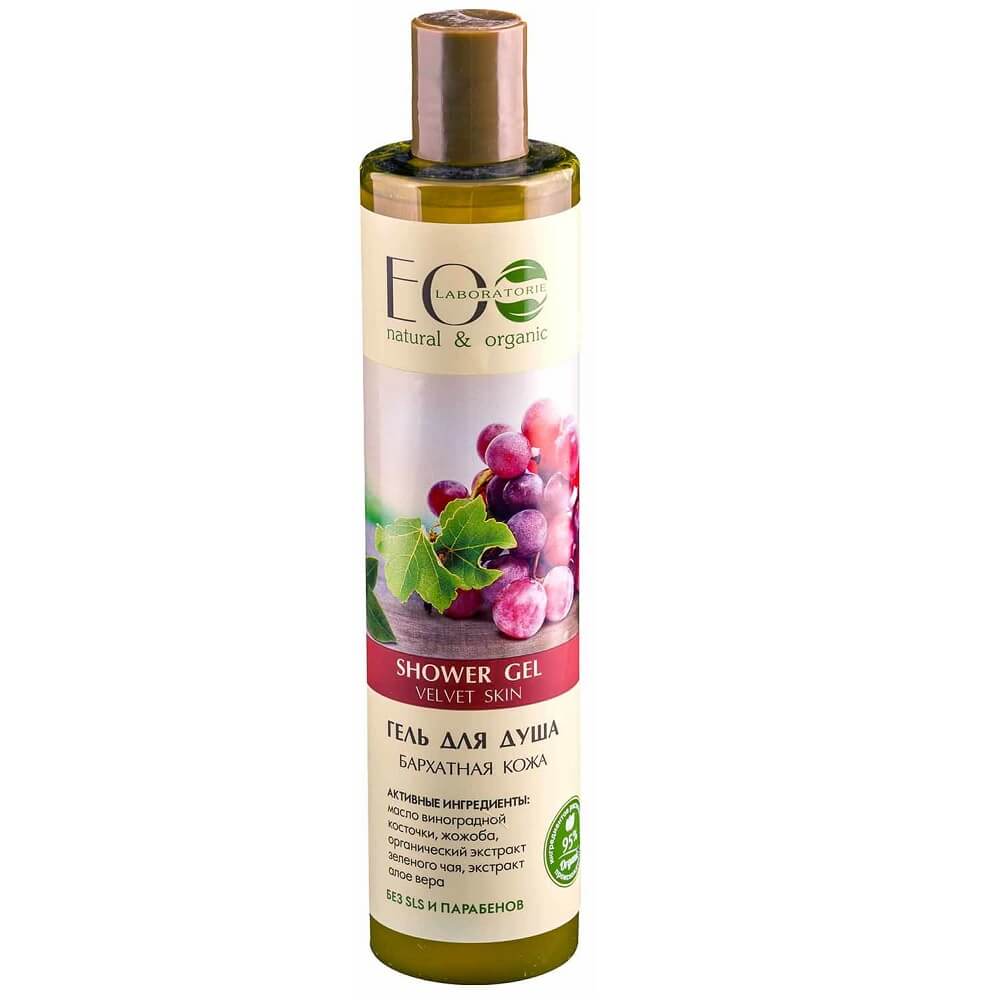 Velvet Skin Duschgel von EO LABORATORIE in 350 ml Flasche, cremige Textur und pflegender Duft, sichtbar in der Flasche