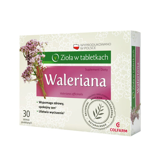 Baldrian 200mg Tabletten von COLFARM, 30 Stück, Nahaufnahme der Packung mit Tabletten auf weißem Hintergrund
