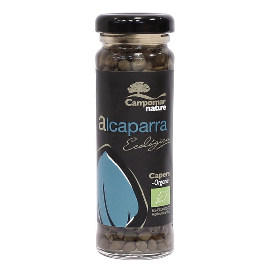 Bio Kapern von CAMPOMAR NATURE in 100 g Glas, eingelegte Kapern in Salzlake, Nahaufnahme der Kapern in Glas.